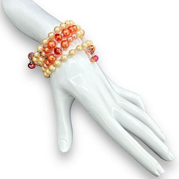 Imitation Pearl Multi Color Beaded Wire Wrap Bracelet - Picture 1 of 6